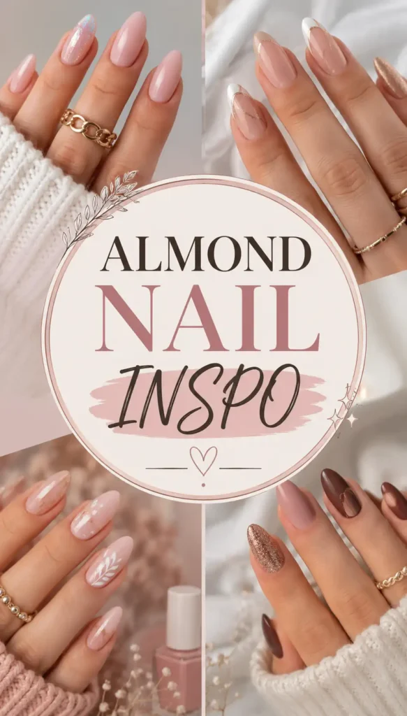 Four images of hands with almond-shaped nails in various neutral and pink designs surround a central circle with the text Almond Nail Inspo in elegant fonts, offering manicure inspiration.