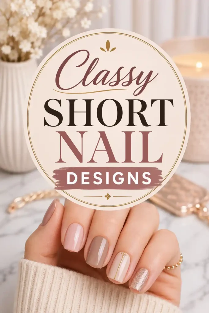 A hand with short, polished nails in neutral shades holds a round sign that reads Classy Short Nail Designs. Soft background with flowers, candle, and marble surface.