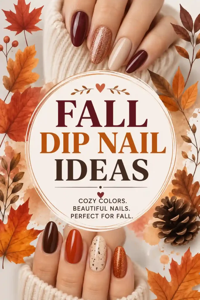 Hands with fall-themed dip nails in burgundy, orange, nude, and glitter shades hold a cozy sweater. Autumn leaves, pinecones, and text read: Fall Dip Nail Ideas. Cozy colors. Beautiful nails. Perfect for fall.
