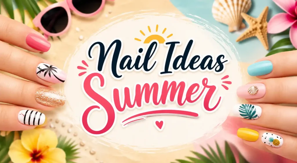 Colorful summer-themed nails with palm trees, stripes, and tropical designs on hands. Background has sunglasses, seashells, flowers, and the text “Nail Ideas Summer” in large, festive lettering.