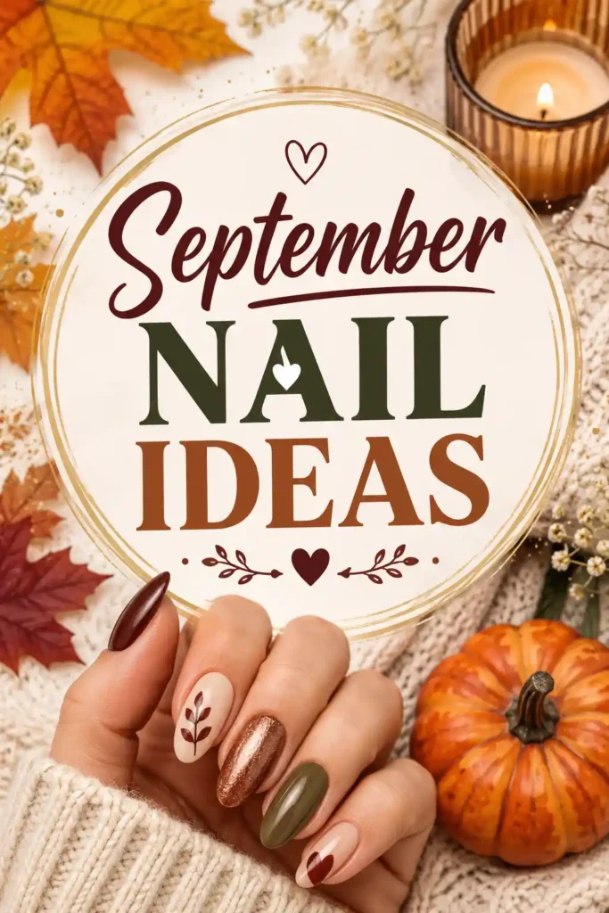 A hand with autumn-themed nail art holds a September Nail Ideas sign. Surrounded by fall leaves, a pumpkin, a candle, and a knitted sweater, creating a cozy autumn atmosphere.