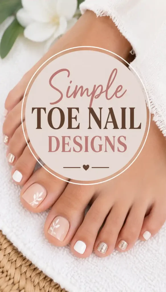A close-up of feet with neatly painted toenails featuring white, gold glitter, and floral designs, resting on a white towel. Text overlay reads Simple Toe Nail Designs.