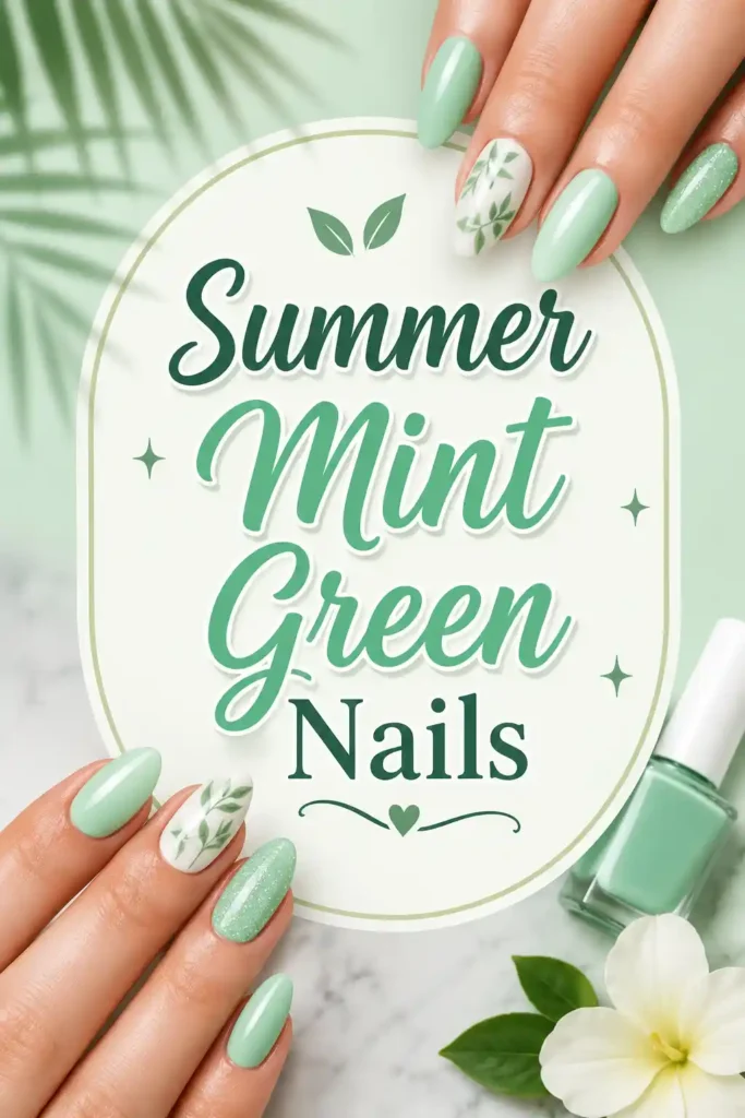 Hands with mint green and leaf-patterned nails are shown around a sign that reads Summer Mint Green Nails. A mint green nail polish bottle and white flower are nearby. The background is soft green with a palm leaf.