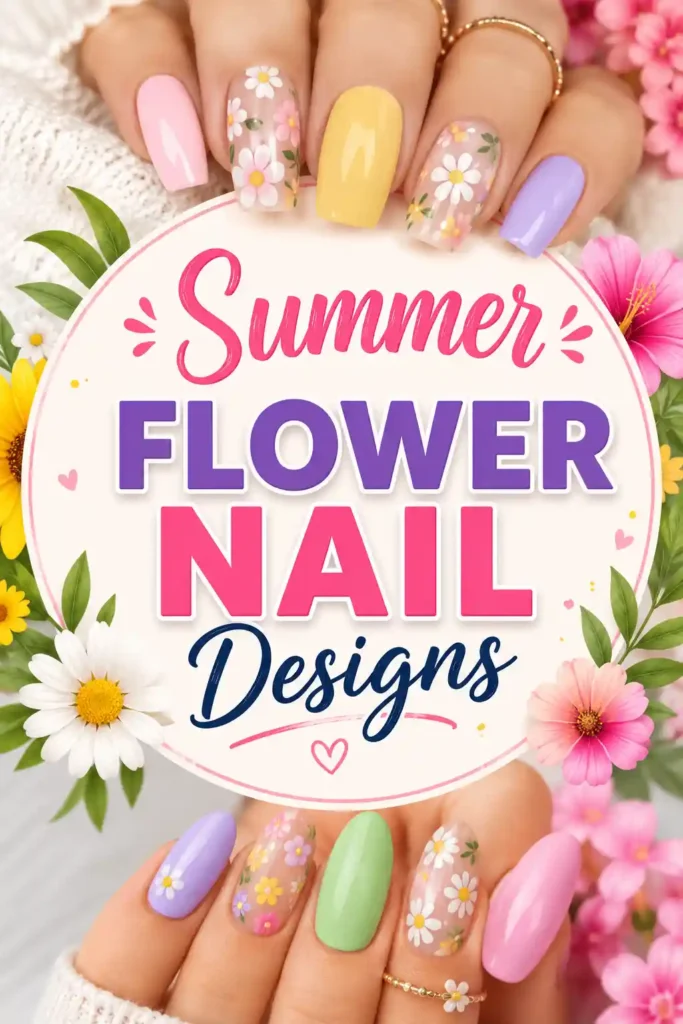 Hands with colorful nails featuring pastel shades and daisy flower designs, surrounding a sign that reads, Summer Flower Nail Designs with floral decorations in the background.