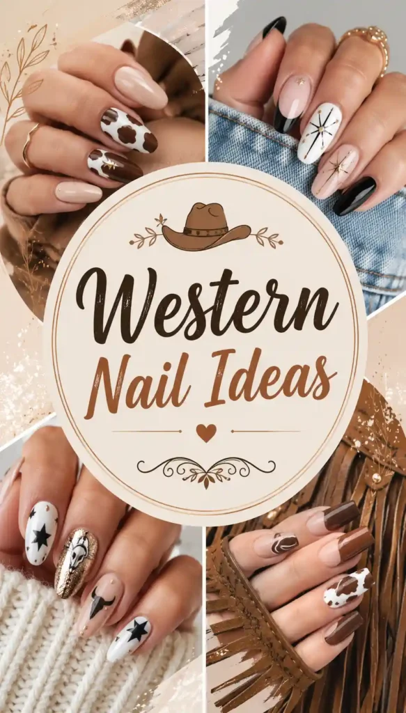 Collage of hands with Western-themed nail art including cow print, stars, boots, and rustic designs. Center text reads “Western Nail Ideas” with a cowboy hat illustration above it.