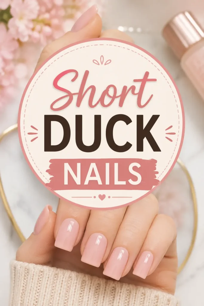 A hand with short, square-tipped nude pink nails holds a sign that reads Short Duck Nails. Pink flowers and a nail polish bottle are blurred in the background.