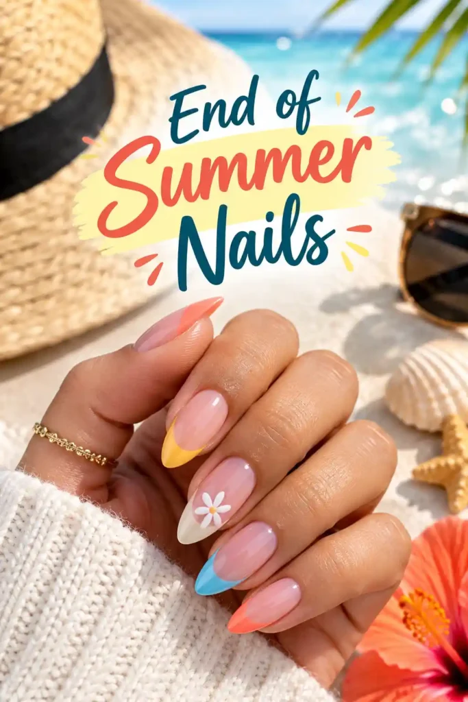 A hand with colorful, summer-themed nails and a daisy design. Background includes a straw hat, sunglasses, an orange flower, and beach scenery. Text reads End of Summer Nails..