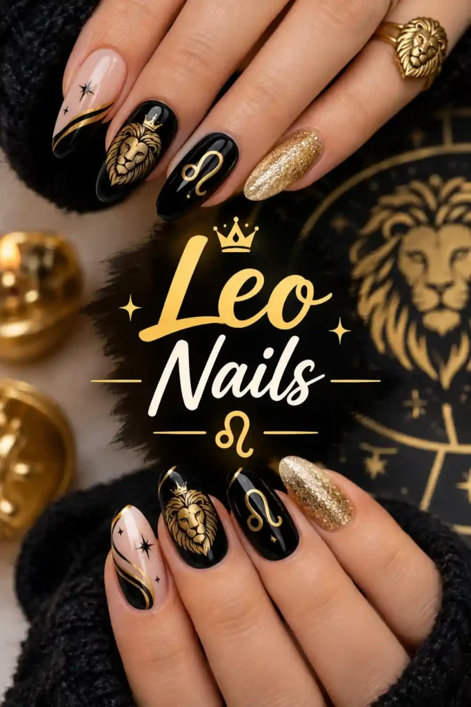 Hands with long, manicured nails decorated with Leo-themed designs, including lion faces, zodiac symbols, gold glitter, and stars, surrounding the text Leo Nails in gold lettering.