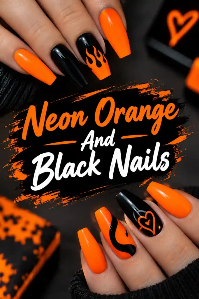 Hands with long, square-shaped nails painted neon orange and black with flame and heart designs. Text in the center reads, Neon Orange and Black Nails. Nails and accessories match the color theme.